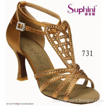 Suphini Deep Tan Satin Crystal Designer Latin Ballroom Dance Shoes